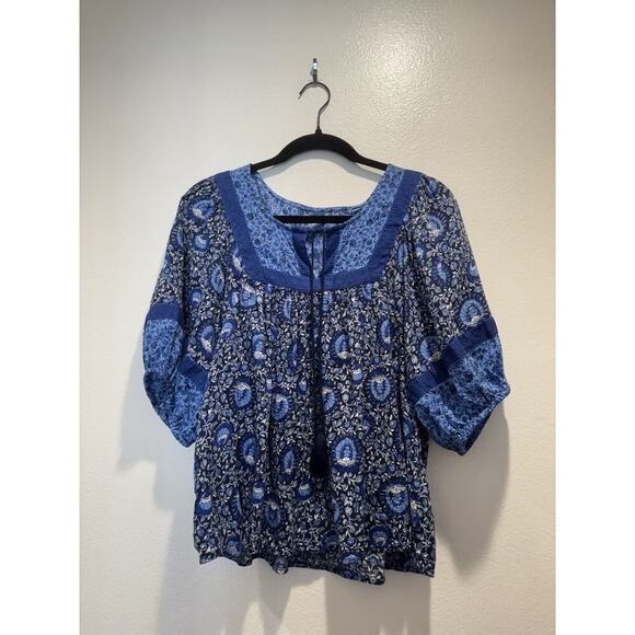 Old Navy Tops - Old Navy Blue Floral Women’s Size Medium Peasant Top Boho Bohemian Tassels